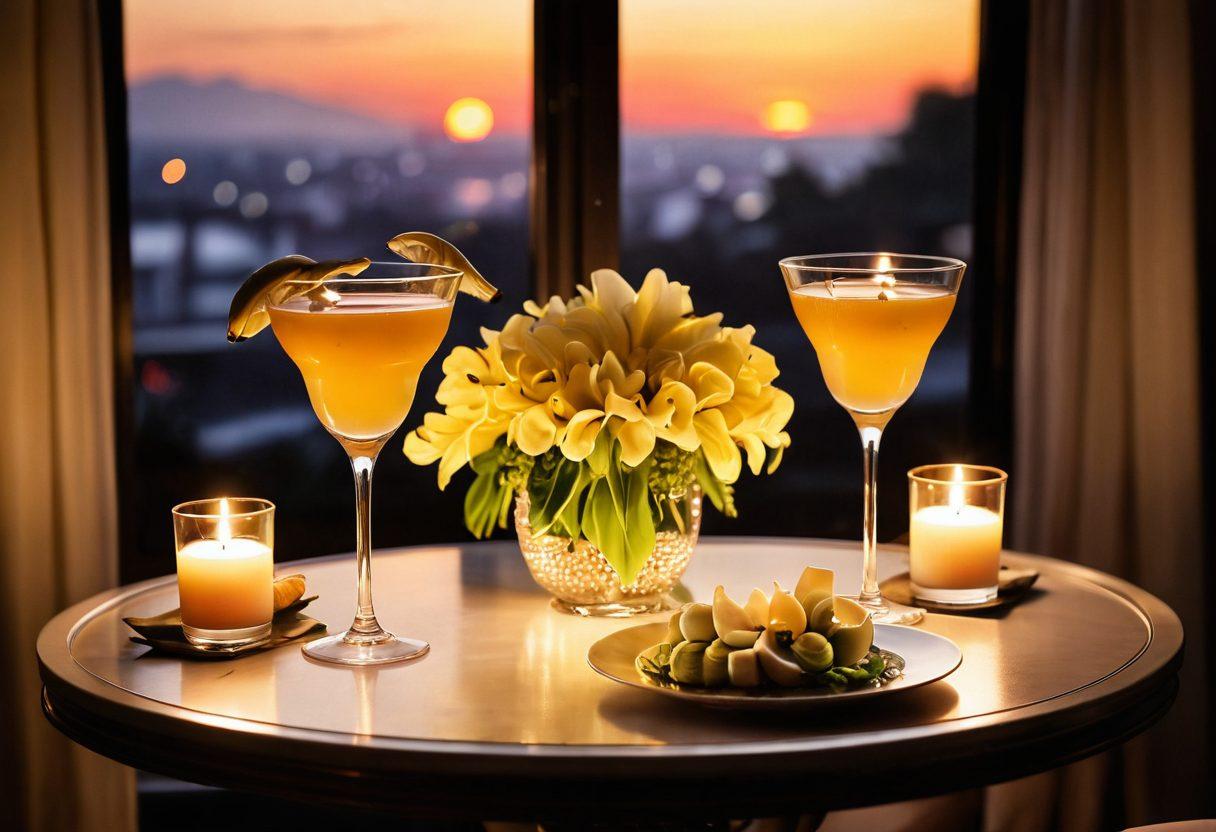 A romantic setting featuring elegantly crafted banana-infused brandy cocktails on a beautifully set table for two, surrounded by soft candlelight and lush floral arrangements. Include a backdrop of a sunset view through a window, enhancing the cozy ambiance. The glasses should sparkle, showcasing the golden hues of the cocktails. soft focus, warm colors, inviting atmosphere.
