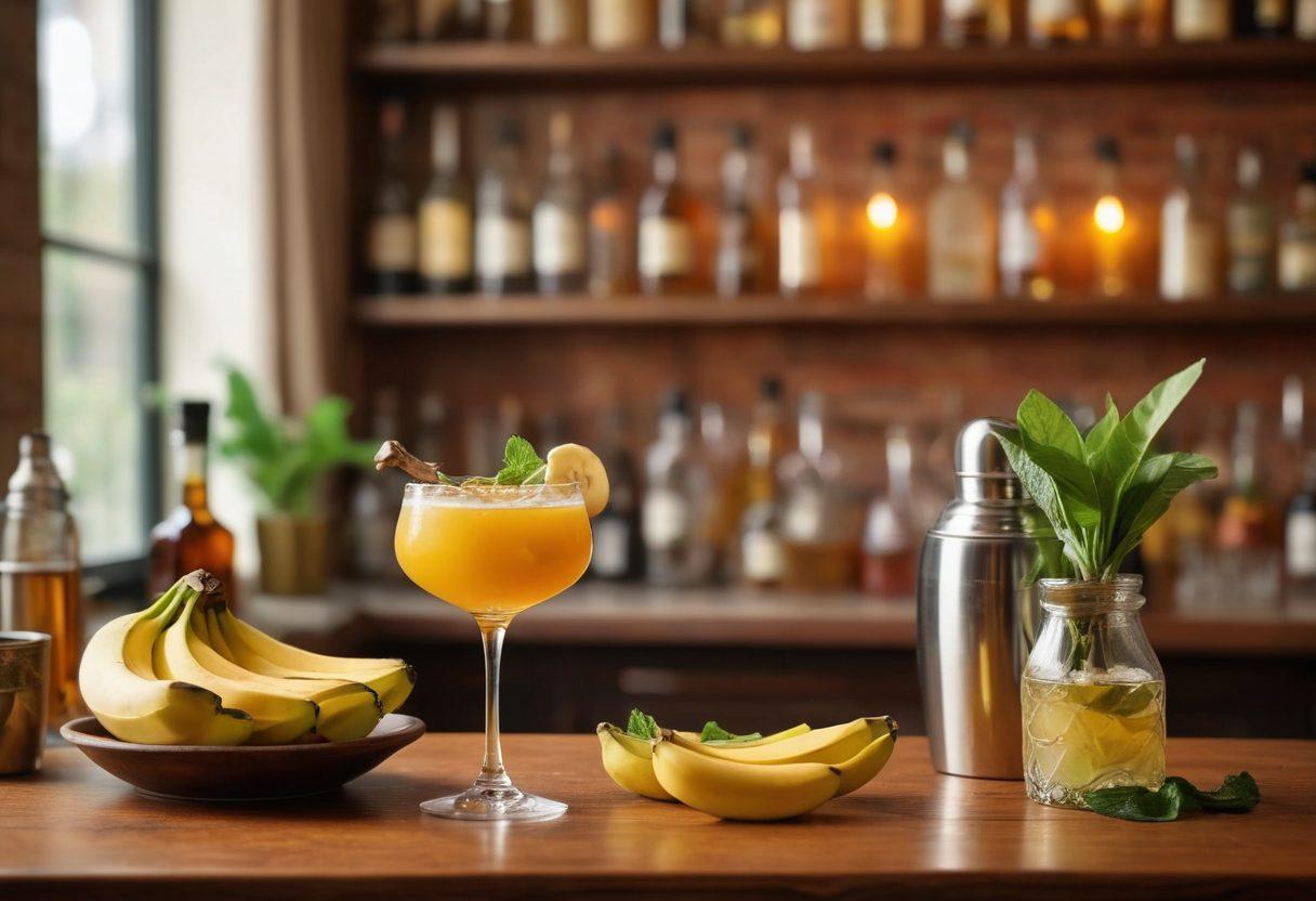 A cozy bar scene featuring a beautifully crafted banana-infused brandy cocktail garnished with a slice of fresh banana and mint leaves, surrounded by scattered cocktail-making tools like shakers and jiggers. Soft golden lights create a warm atmosphere, enhancing the sense of passion and artistry in mixology. In the background, blurred shelves with colorful bottles add a touch of vibrancy. super-realistic. warm tones. inviting ambiance.