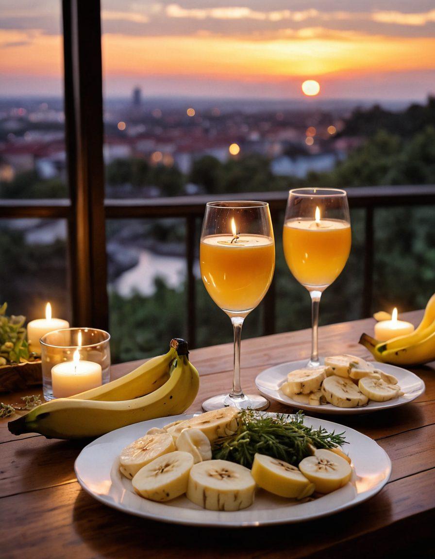 A romantic setup featuring two elegantly designed glasses of banana brandy, surrounded by fresh banana slices and fragrant herbs. Soft candlelight casting a warm glow, along with a beautifully arranged cheese platter on a wooden table. In the background, a scenic sunset through a window adds to the intimate atmosphere. The setting conveys warmth and elegance, perfect for a romantic evening. super-realistic. warm colors. cozy ambiance.